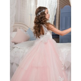 Fancy Flower Girl Dress Kids Lace Applique Pageant Party Ball Gown Blush Pink Size 8