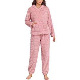 Women's Fleece Pajama Set Hooded Long Sleeve Pjs Ultra-Warm Cozy Winter Sleepwear Pink