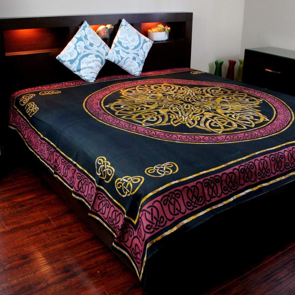 India Arts Cotton Full 88 x 106 inches Celtic Tapestry Wall Hanging Thin Bedspread Bed Sheet Tablecloth Throw Beach Sheet Red Black