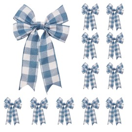 Meseey 12 Pcs Royal Blue and White Plaid Buffalo Plaid Burlap Wired Ribbon Bows – 5 x 7 Inch Rustic Tartan Check Farmhouse Decor for Christmas, Weddings & Gift Wrapping