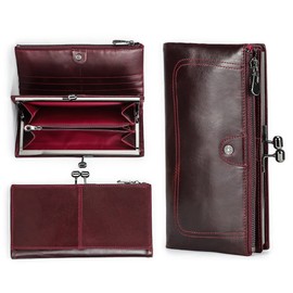 Contacts Women's Large Purse with Kiss Lock, Leather Long Purse Clutch Zip Wallet, RFID Phone Wallet with 10 Card Slots and Coin Compartment, red, Classic