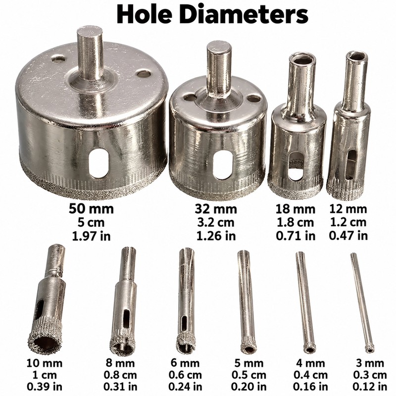 10-Piece Diamond Coated Hole Saw Set for Glass, Tile and
