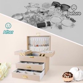 Dajasan Jewelry Organizer Box, Jewelry Holder Organizer Box, PU Leather Jewelry Box, Gift Idea for Valentine's Day, Birthday, Mother's Day, Christmas (Champagne)