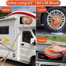 WillingHeart 63" Car Wash Mop Brush Tool Mitt with Long Handle Length More Suitable for Washing American Cars Truck, SUV, RV, Trailer, 2 in 1 Chenille Microfiber Duster Not Hurt Paint Scratch Free