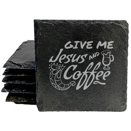 Inspirational Coasters: Faith & Coffee - "Give Me Jesus & Coffee" - Square Slate - set of 5