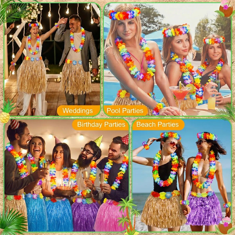 4 Set Falda Pulseras Collar Diadema Hawaiano Disfraz Fiesta