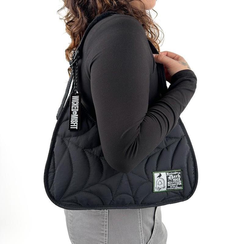 Recycled Nylon Spiderweb Puff Shoulder Bag By Wicked Misfit:_Black with