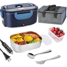LBMVRB Electric Lunch Box for Adults, 80W Fast Heating 1.5L, Detachable Stainless Steel Food Warmer & Lunch Heater, 12V/24V/110V for Cars/Trucks/Work/Travel, Lonchera Eléctrica Portátil (Blue)