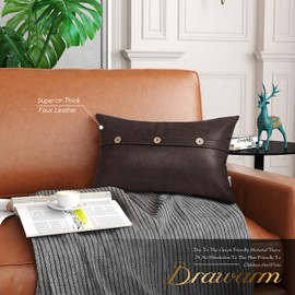 BRAWARM Leather Throw Pillow Covers 12 X 20 Inches, Coffee Faux Leather Pillow Cover with Triple Button, Farmhouse Decorative Faux Leather Pillows for Couch Sofa Bed Home Garden