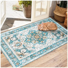 KGAUT 2x3 Entryway Rug Machine Washable Area Rugs Soft Small Indoor Door Mat Boho Rug Vintage Non Slip Foldable Carpet for Entrance Living Room Bedroom Blue