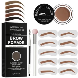 Eyebrow Stamp Stencil Kit - for Waterproof Eyebrows Makeup, Brow Stamp Trio Kit with Sponge Applicator, Dual-ended Brow Brush, 10 Eyebrow Stencils, Waterproof Eyebrow Pomade (Red Brown)