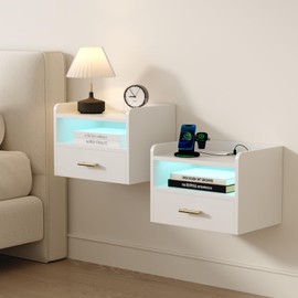 Floating Nightstands Set of 2 with USB Ports, Outlets, and LED Light Strip – Modern Wall-Mounted Wooden Bedside Tables