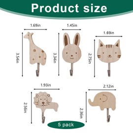 Wooden Animal Wall Hooks Set – Animal Theme Decorations with Cat, Lion, Rabbit, Giraffe, Elephant Shapes – Perfect for Kids Room, Nursery, Bedroom Decor, Cute Wooden Hangers for Children’s Rooms
