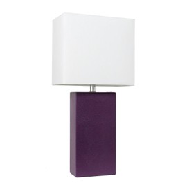 HomeStock Boldly Bohemian 21" Leather Base Modern Decor Bedside Table Lamp for Living Room, Bedroom, Entryway, Foyer, Or Office with White Rectangular Fabric Shade, Eggplant Purple