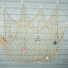 Bilipala Rustic Nautical Decorative Fishing Net Wall Hangings Decor with Stars, Lifebuoy and Anchor Ornaments, Creamy White