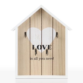 efuturetime Wooden Key Holder, 29.5 x 21.5 x 3.5 cm, Vintage Key Cabinet with 4 Hooks, Key Hooks Wall, Wooden Key Holder, White, Love Model