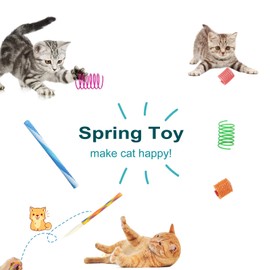 Andiker Cat Toys, 10 Pieces Colorful Cat Toys and Telescopic Cat Handle with Mesh Pole, Jumping Toys for Cats, Flexible and Malleable Toys (Pack of 10)