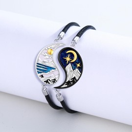 XIXLES Yin Yang Matching Bracelet 925 Sterling Silver Sun Moon Bracelets for Couple Mountains Sea BFF Mountain Leather Bracelet Pack of 2 Chain Couple Jewellery Gifts for Women Men