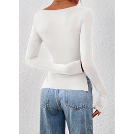 KIRUNDO Long Sleeve Shirts for Women 2025 Fall Casual Boat Neck Knit Workout Going Out Tops Fitted Side Slit Basic Tees(White, X-Small)