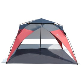 PORTAL POP Up Beach Tent, 2-4 Person UPF50+ Beach Tent Sun Shelter, Open Front, Umbrella-Style Setup, Mesh Windows, Instant Sun Shelter with Carry Bag, Red/Grey