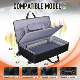 SNIGJAT DJ Controller Case with Wheels Compatible for DDJ-FLX10/ DDJ-GRV6/ 1000/ REV7/ REV5/ FLX6/ SC LIVE 4, Padded Rolling DJ Backpack with Multi-Pocket for 17.3" Laptop, DJ Accessories