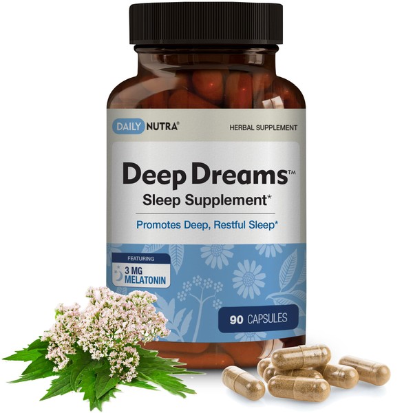 DailyNutra Deep Dreams ~ Natural Sleep Supplement - Promotes Deep, Restful Sleep, Non-Habit Forming - Blend of Melatonin, L-Tryptophan, Apigenin, Valerian, Chamomile, & Passionflower (90 Capsules)