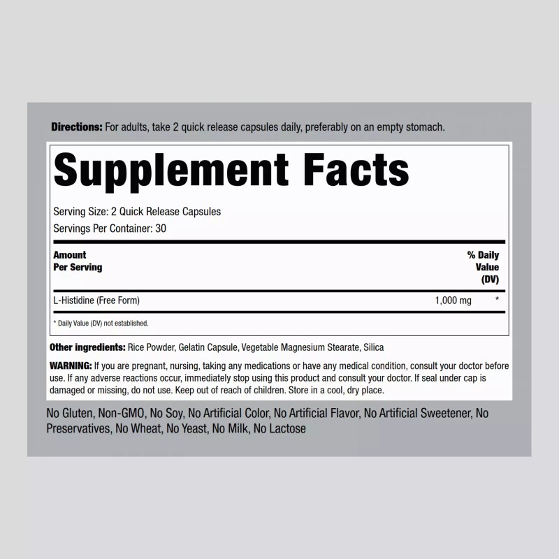 Piping Rock L-Histidine 1000 mg | 60 Capsules | Non-GMO