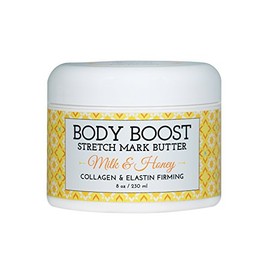 Body Boost Milk & Honey Stretch Mark Mantequilla 8 oz - Tratamiento de estrías y cicatrices - Seguro para el embarazo y la lactancia, libre de alérgenos