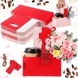 20 Pcs 2 Cup Drink Carrier with Handle Red and Pink Kraft Paperboard Cup Holder Portable for Mother's Day Teachers' Day for Hot Cold Drinks Coffee Caddy with Heart Cutout Card and Rope