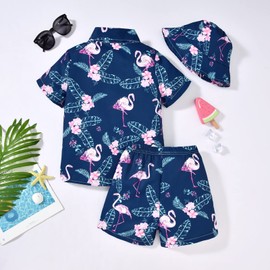 Fioukiay - Conjuntos de verano para niños pequeños, ropa hawaiana, playera con lazo floral, Navy Flamingo 01, 4-5T