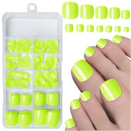 LuckForever Neon Yellow Press on Toenails - 240pc Glossy Short Square Fake Toenails, Full Cover, 10 Nail Adhesive Tabs, Small Wooden Sticks & Nail Files