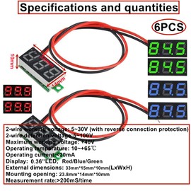 HUAZIZ Pack of 6 0.36 Inch Mini Digital Voltmeter, LED Display Voltmeter, Measuring Range DC 2.4-30 V, Two Wire Voltage Tester, Reverse Polarity Protection and Accurate Pressure Measurement (Red,