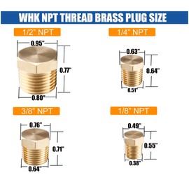WHK 24 PCS Brass Hex Pipe Plug Fittings Kits,Brass Plugs Fitting Assortment 1/8" 1/4" 3/8" 1/2" NTP Brass Plug Male Threaded