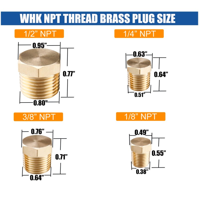 WHK 24 PCS Brass Hex Pipe Plug Fittings Kits,Brass Plugs