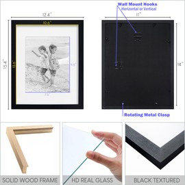 NWDCLF 11x14 Picture Frame Set of 4, Holds 8x10 Photos with Mat or 11x14 without Mat, Solid Wood and Real HD Glass for Wall Mount, Picture Frames Collage Wall Décor, Black
