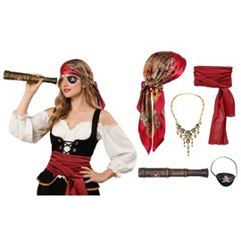 Pirate Accessories for Women Pirate Costume for Women Bandana Head Scarf Eye Patch Necklace Telescope Outfit 5PCS