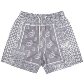 MECH-ENG Men's Paisley Shorts Mesh Graphic Bandana Print Boho Summer Beach Lightweight Drawstring Shorts(Grey Medium)