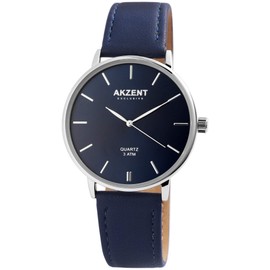 Akzent Exclusive Men's Watch Imitation Leather Watch Pin Buckle Analogue Quartz 2900120, Blue/Silver, Strap.