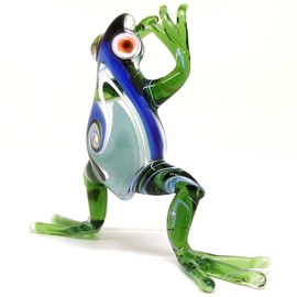 Sansukjai Frog Miniature Figurines Animals Hand Blown Color Glass Art Collectible Gift Decorate 3" (Green Blue)