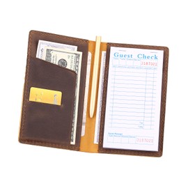 Fasjosma Server Books for Waitress,Leather Restaurant Guest Check Presenters Card Holder for Waitress,Restaurant Waitstaff Organizer with Money Pocket,Waiter Accessories Fit Server Apron-Brown
