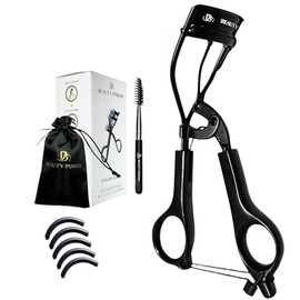 Beauty Power Eyelash Curler with 5 Replacement Pads, Brush for Eyebrows, Sating Travel Bag - Perfect Curls/Lash Lift in Seconds - Gentle & Safe - Extra Curl - German Stainless Steel (Black)
