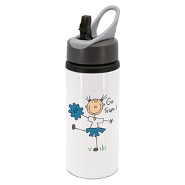 Go team blue outfit and pom poms cheerleader, cheer, cheerleading, cheerlead, pom poms, water bottle with handle, drinks bottle, drinks cup, hydrate, water