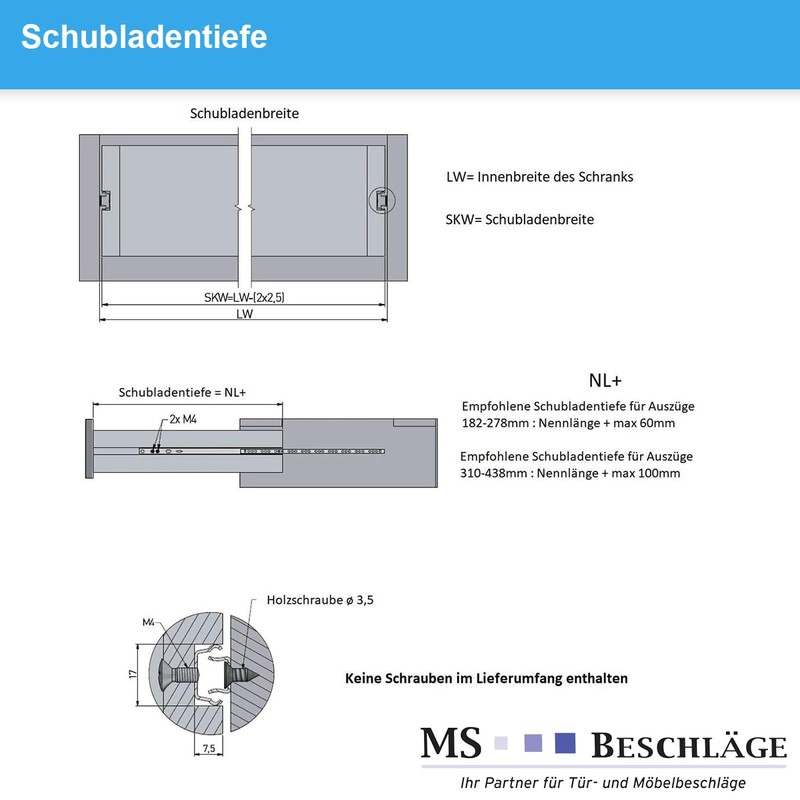 MS Beschläge Partial Extension Drawer Extension, Telescopic Extension, 17 mm,