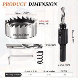 METALLIXITY Hole Saw 30mm (1-3/16"), 4241 High Speed Steel Hole Cutter with Center Drill Bit, Hex Key and Spring -for Thin Metal, Plastic, PVC Boards, Silver