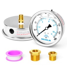 MEANLIN MEASURE 0~160Psi Stainless Steel 1/4" NPT 2.5" FACE DIAL Liquid Filled Pressure Gauge WOG Water Oil Air Center Back Mount, with 1/2" NPT and 3/8" NPT Hex Bushing