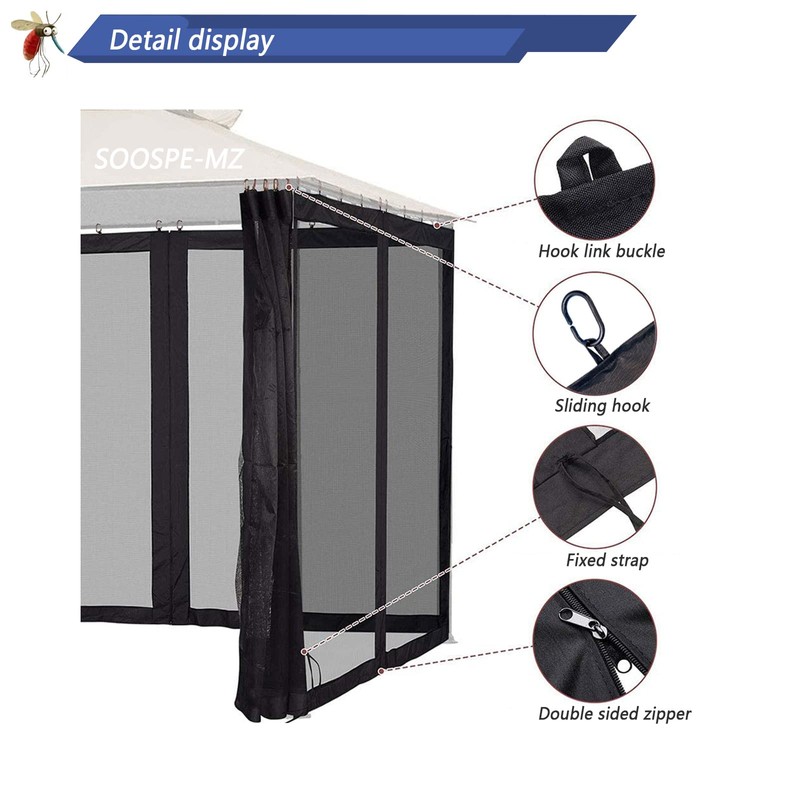 10x12 Gazebo Replacement Mosquito Netting, 4-Panel Sidewall Screen with Zipper