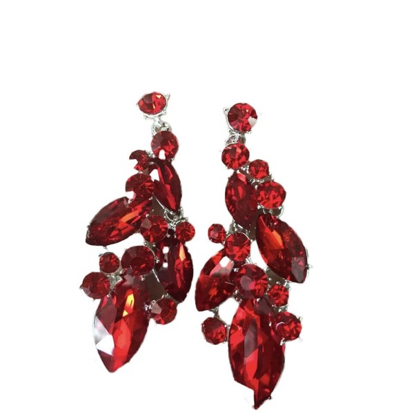 2.75' Red Long Silver Dangle Rhinestone Crystal Crystal Pageant Pierced