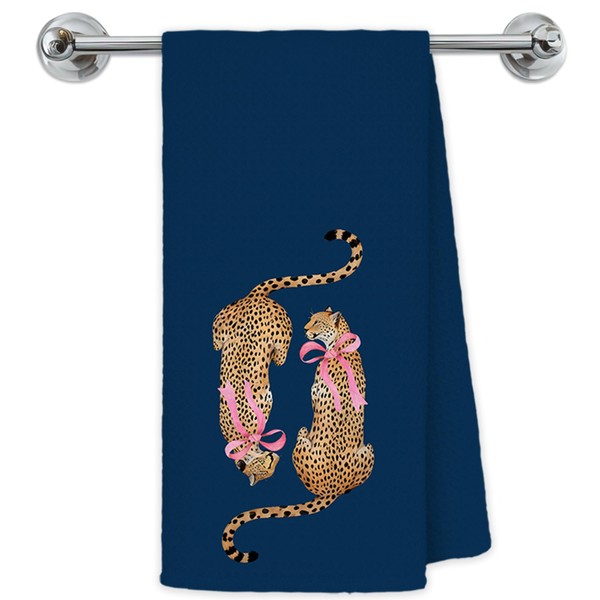 Exqcom Coquette Pink Bow Two Cheetah Kitchen Towels, Navy Blue