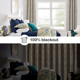 Light Brown and Silvery 100% Blackout Jacquard Geometric Pattern Curtains,52 Inch Wide 120 Inch Length 2 Panels, Thermal Insulated Noise Reducing Anti-Rust Grommet Drapes for Bedroom Living Room