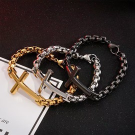 MOOSKI Mens Cross Bracelet,316L Stainless Steel Gold Chain Link Bracelet for Men with Lobster Clasp
